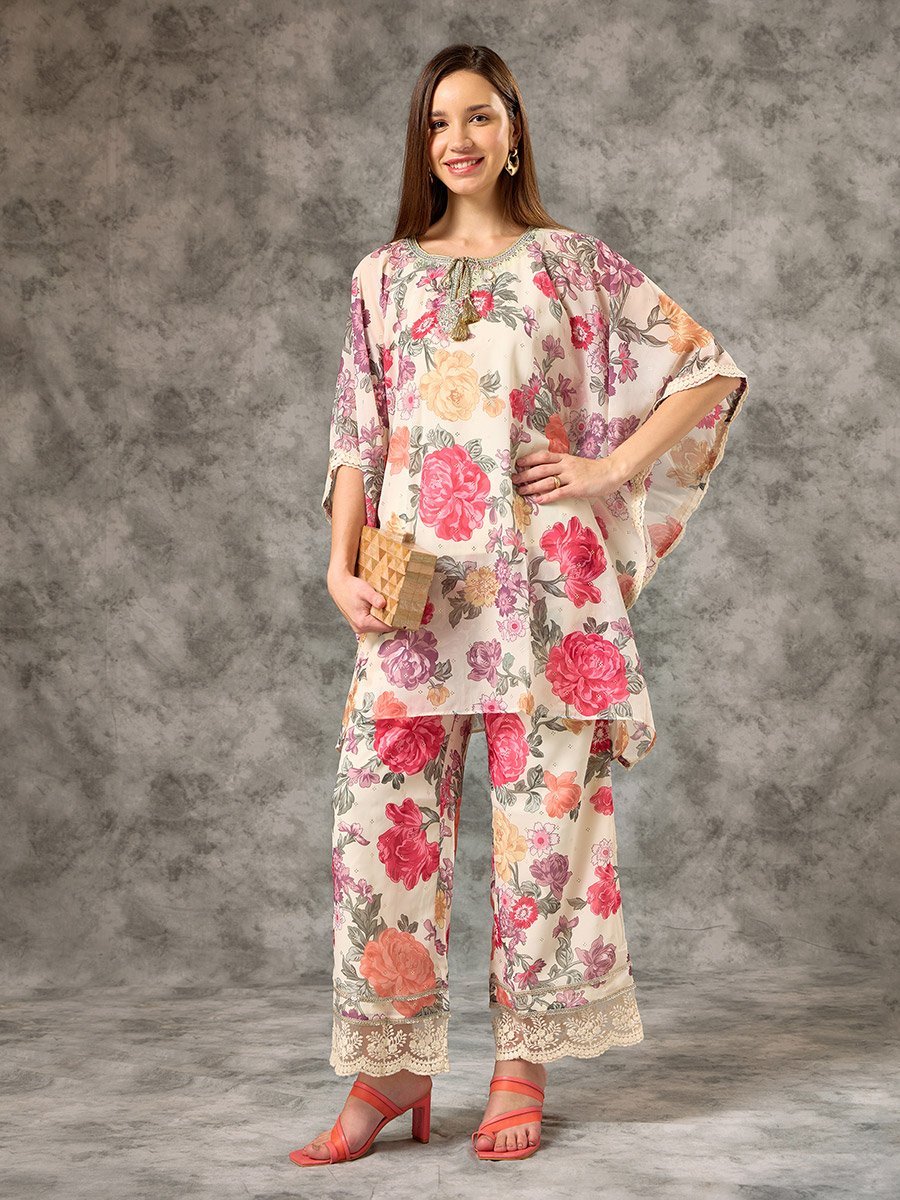 Off White Printed  Zari Embroidered Detail Kaftan Co-ord Set