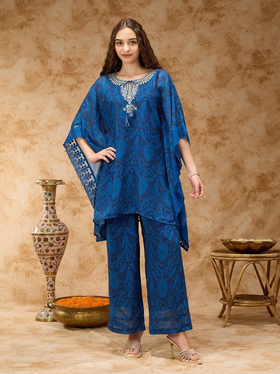 Navy Blue Printed  Zari Embroidered Detail Kaftan Co-ord Set