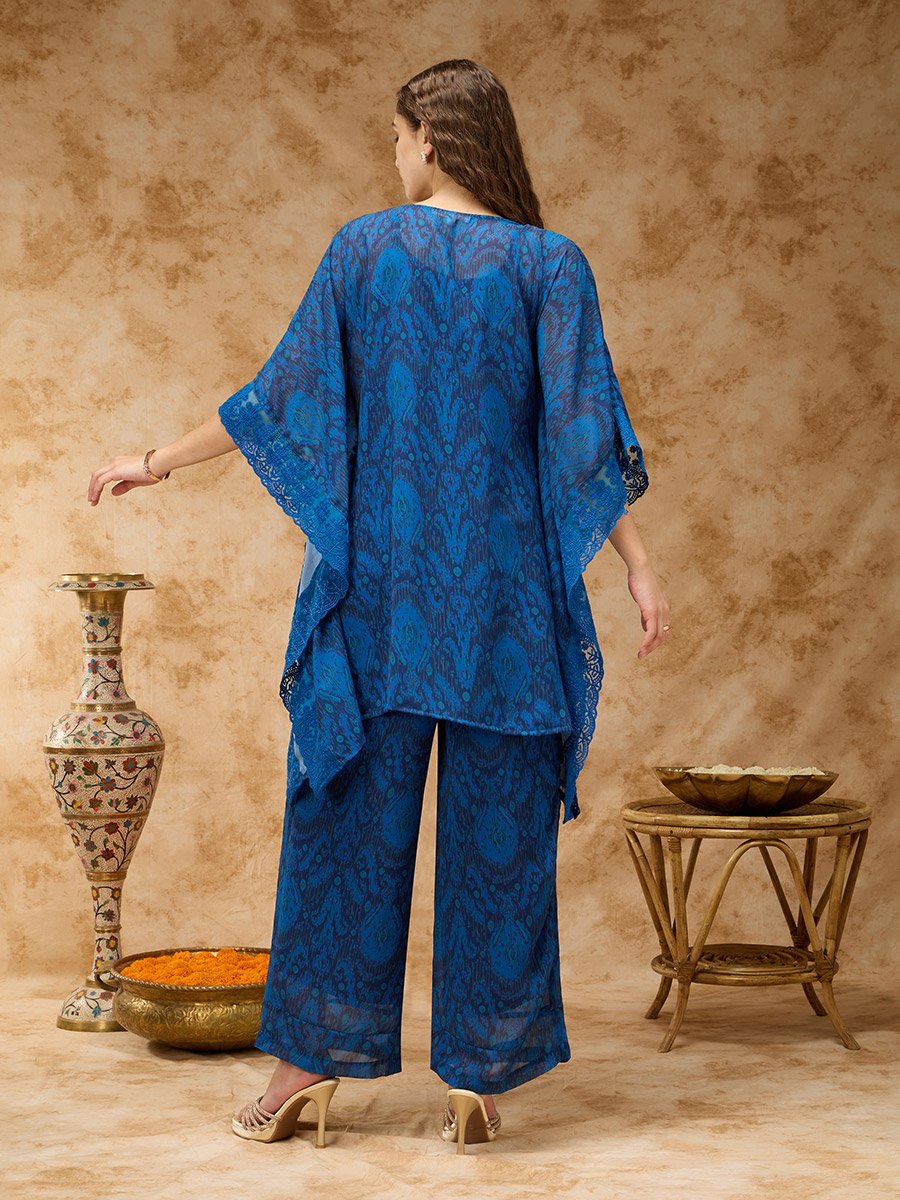 Navy Blue Printed  Zari Embroidered Detail Kaftan Co-ord Set