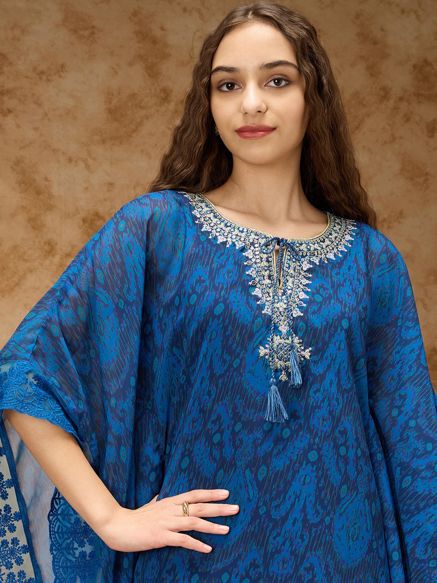 Navy Blue Printed  Zari Embroidered Detail Kaftan Co-ord Set