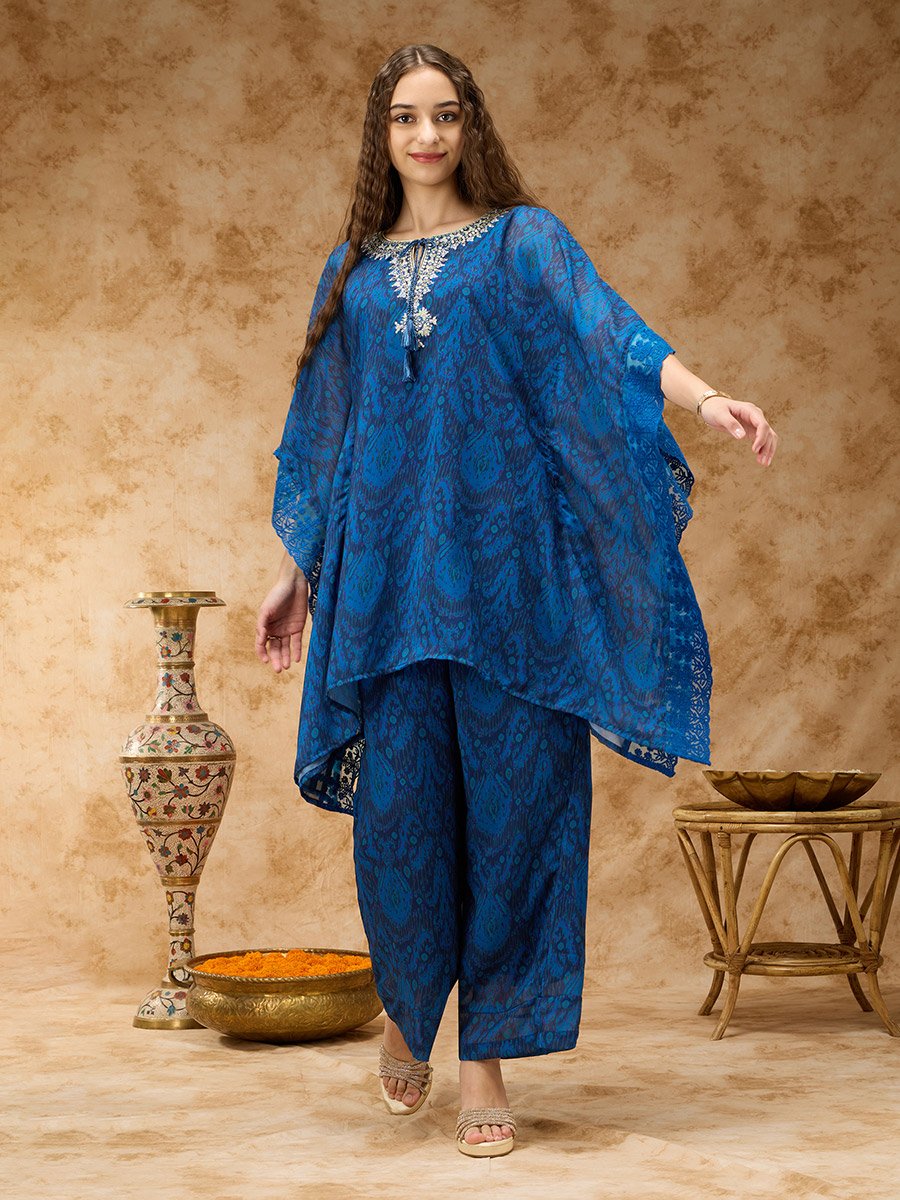 Navy Blue Printed  Zari Embroidered Detail Kaftan Co-ord Set