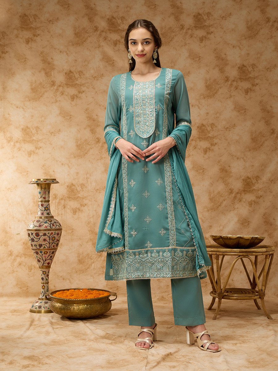 Green Placement Embroidery Straight Kurta, Pants and Dupatta Set