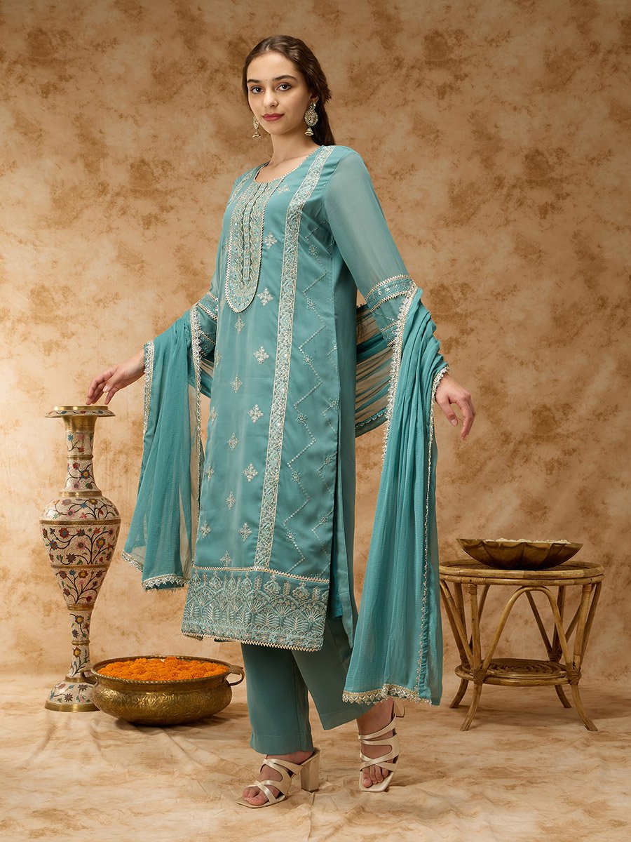 Green Placement Embroidery Straight Kurta, Pants and Dupatta Set