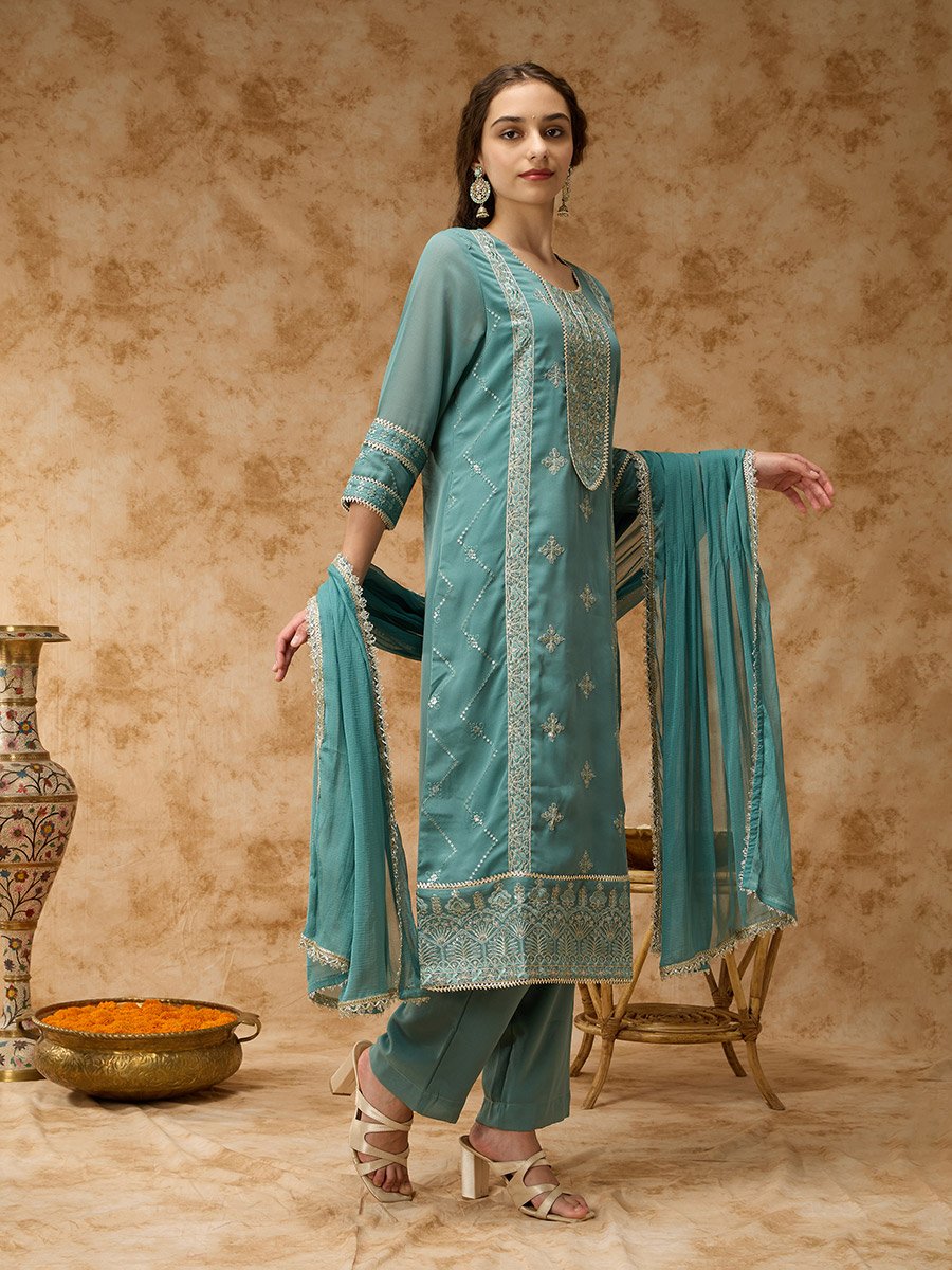 Green Placement Embroidery Straight Kurta, Pants and Dupatta Set