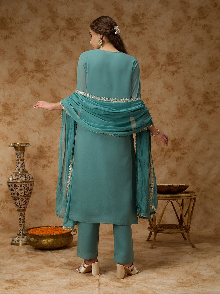 Green Placement Embroidery Straight Kurta, Pants and Dupatta Set