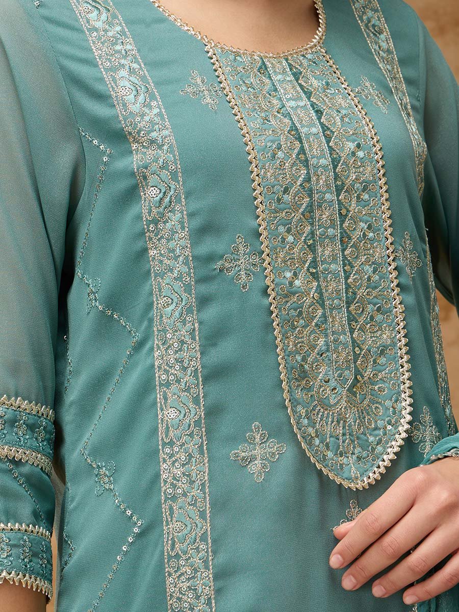 Green Placement Embroidery Straight Kurta, Pants and Dupatta Set