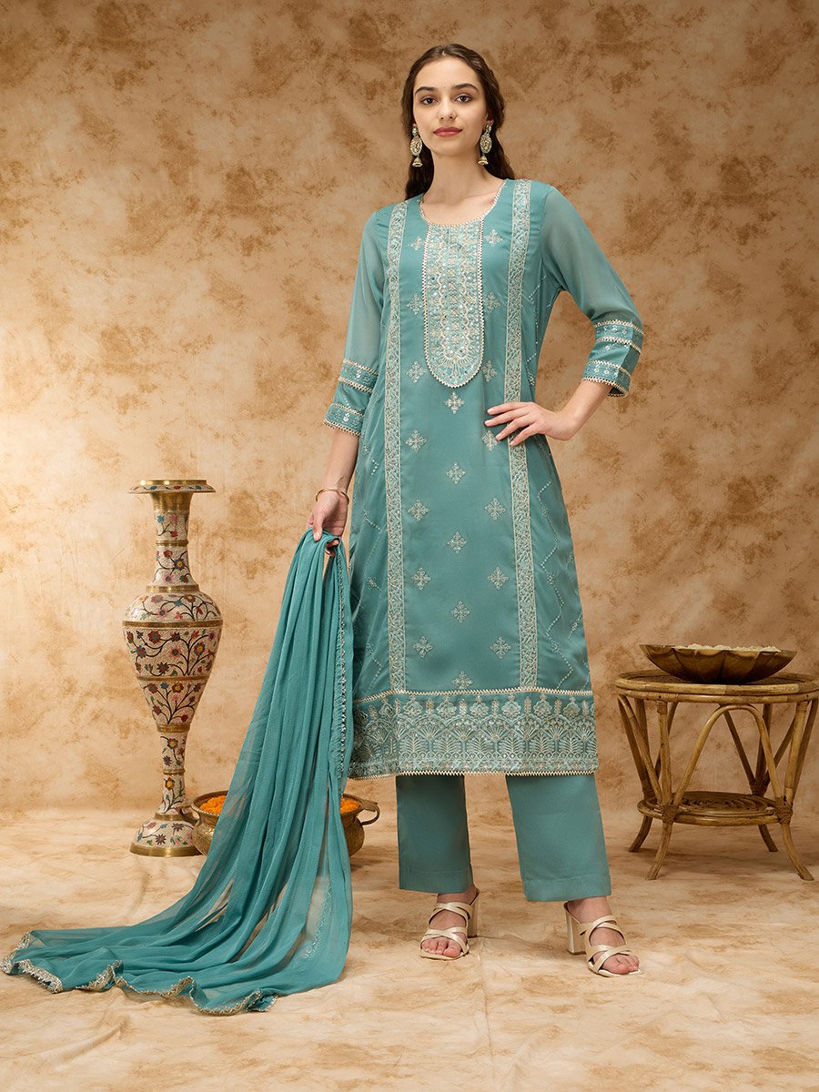 Green Placement Embroidery Straight Kurta, Pants and Dupatta Set