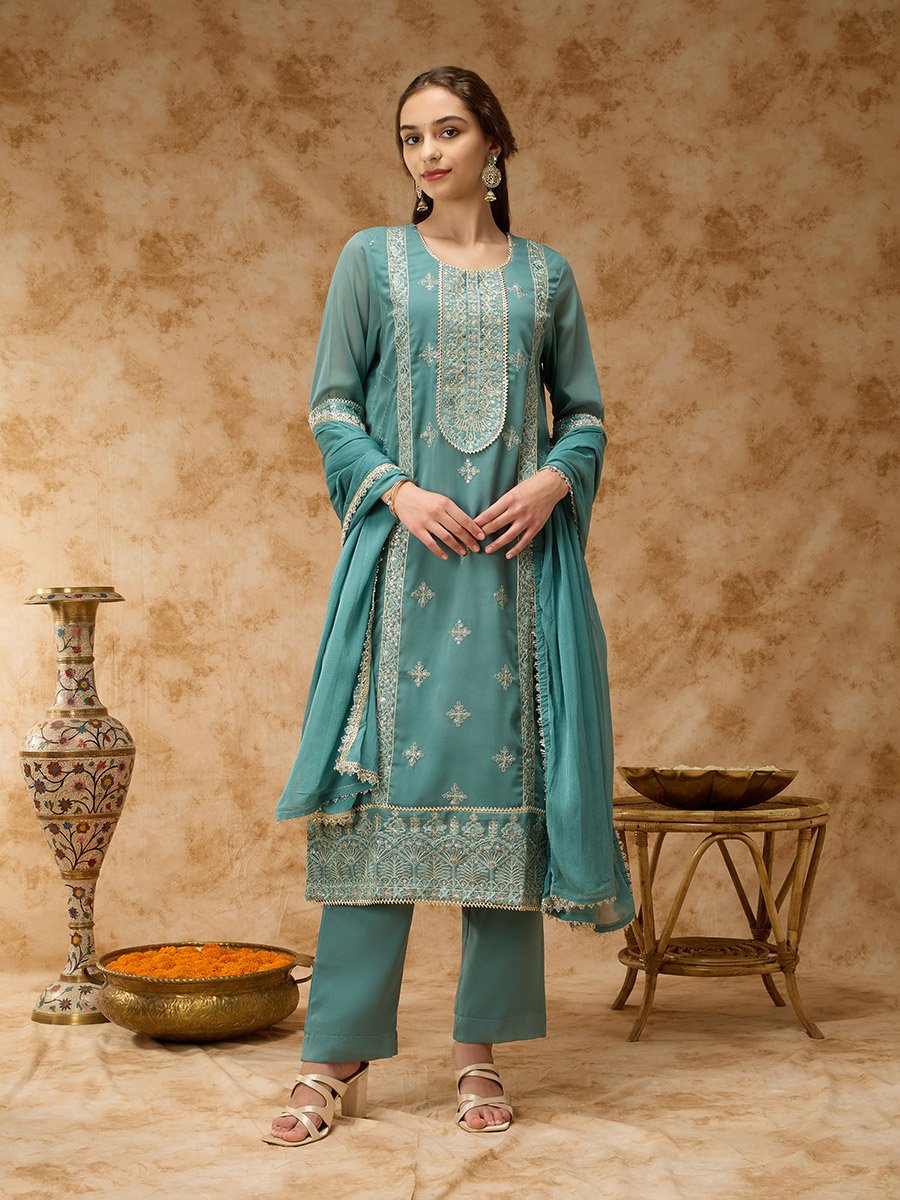 Green Placement Embroidery Straight Kurta, Pants and Dupatta Set