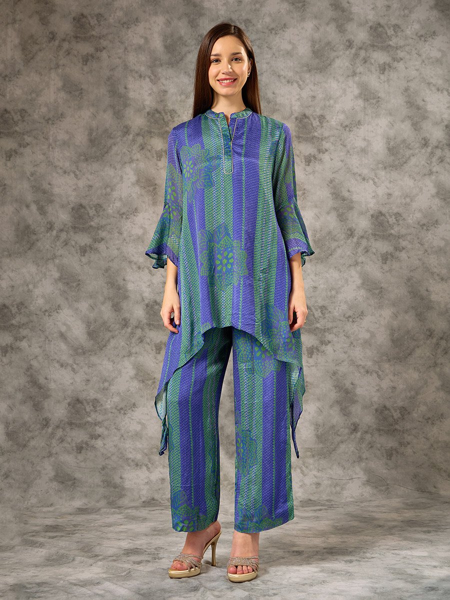 Blue V-Neck Bandhani Printed Co-ord Set