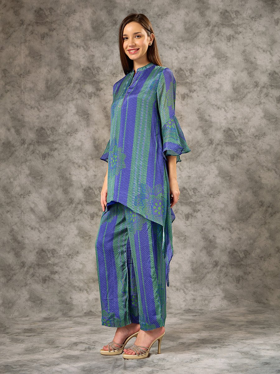Blue V-Neck Bandhani Printed Co-ord Set