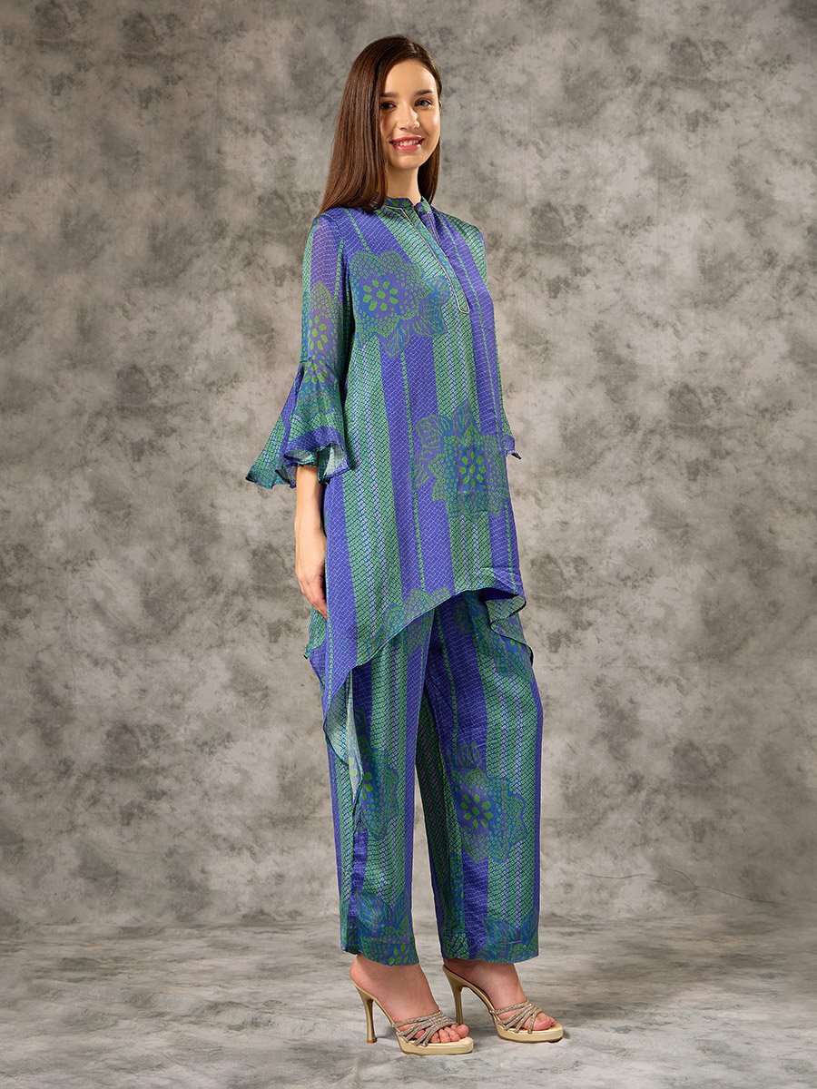 Blue V-Neck Bandhani Printed Co-ord Set