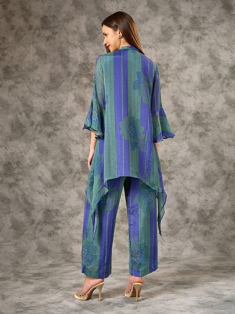Blue V-Neck Bandhani Printed Co-ord Set