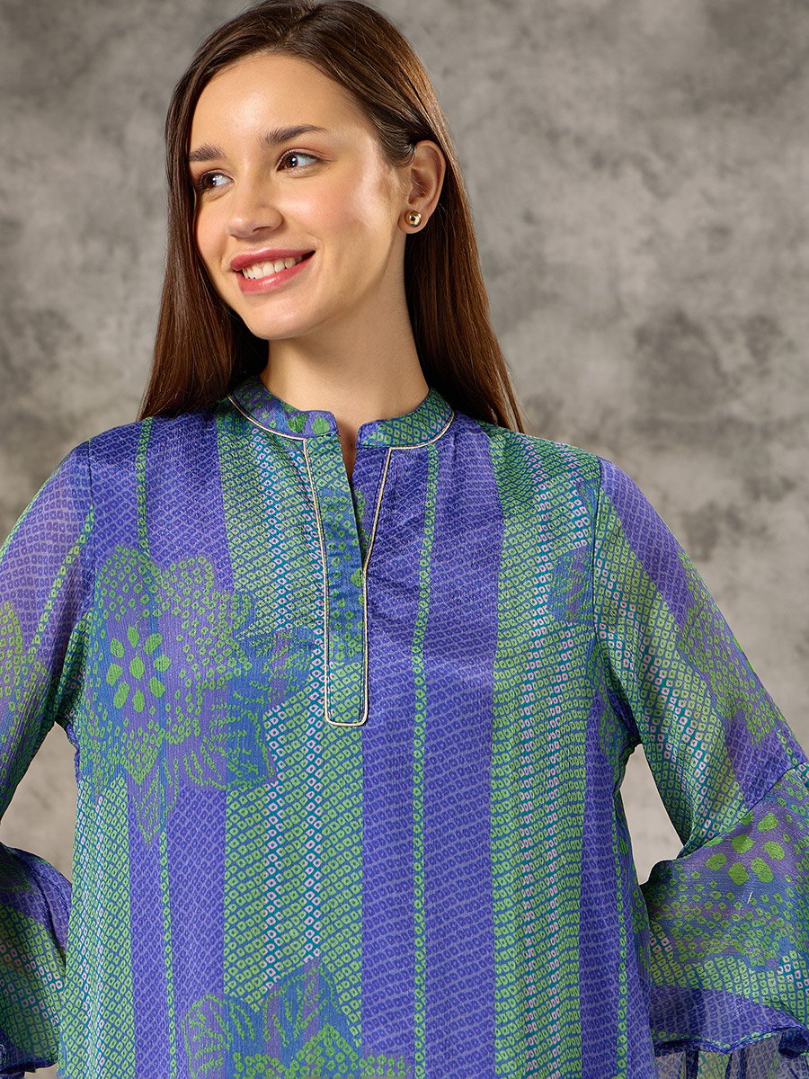 Blue V-Neck Bandhani Printed Co-ord Set