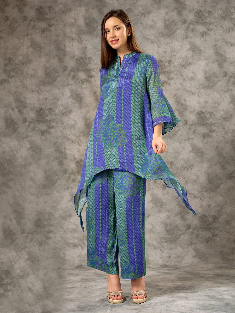 Blue V-Neck Bandhani Printed Co-ord Set