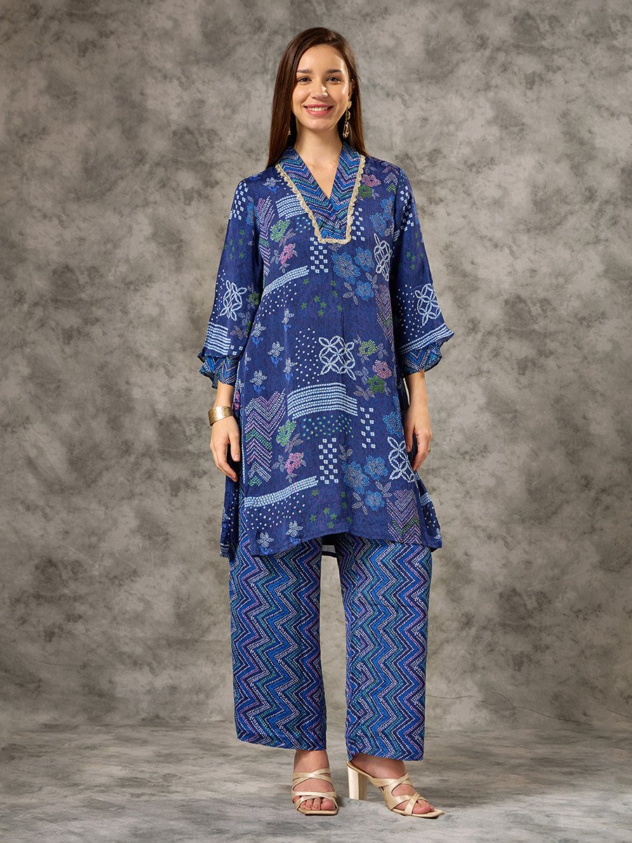 Blue V Neck Bandhani Printed Co-ord Set