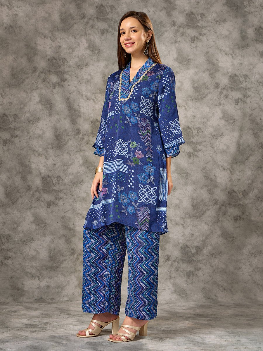 Blue V Neck Bandhani Printed Co-ord Set