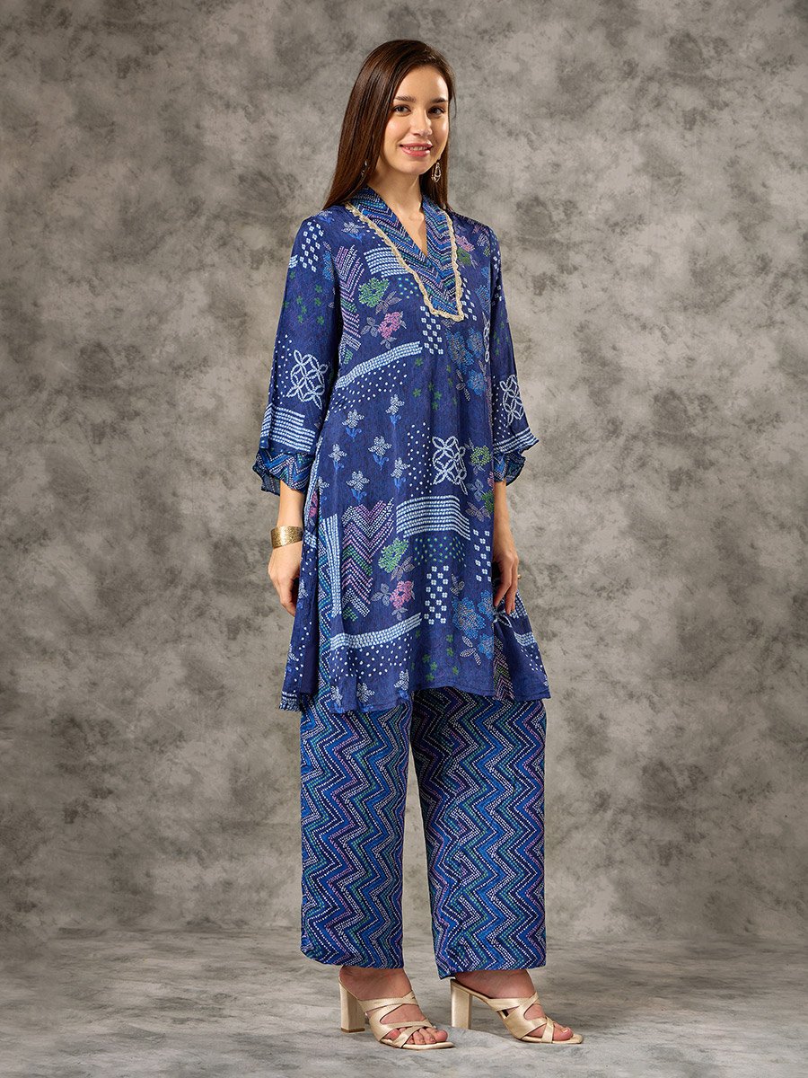 Blue V Neck Bandhani Printed Co-ord Set