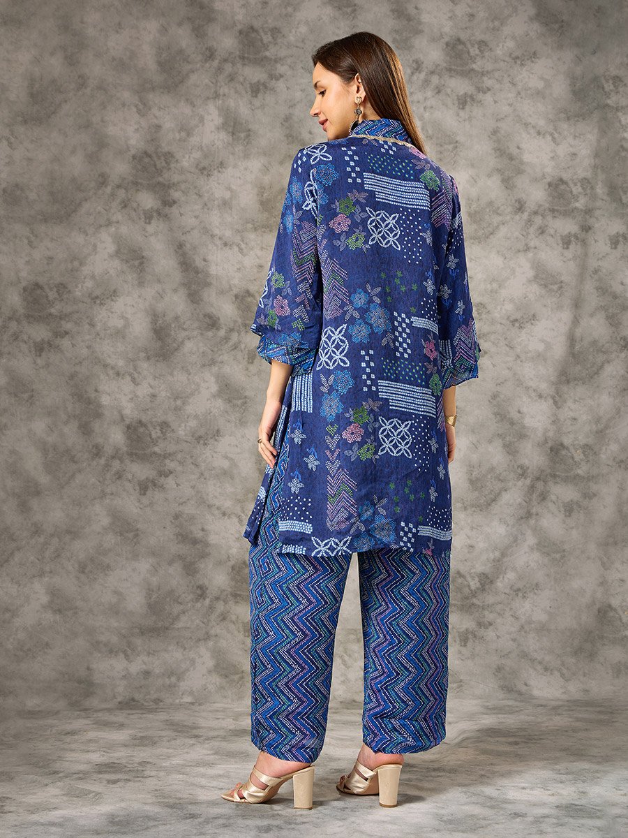Blue V Neck Bandhani Printed Co-ord Set