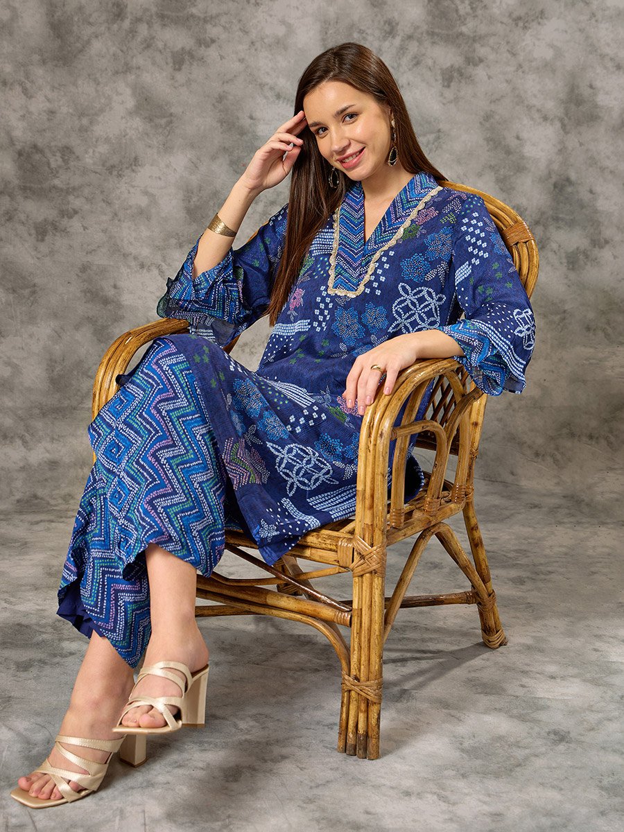 Blue V Neck Bandhani Printed Co-ord Set