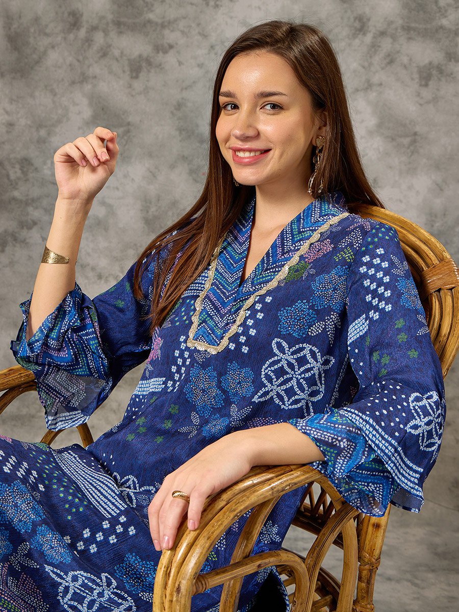 Blue V Neck Bandhani Printed Co-ord Set