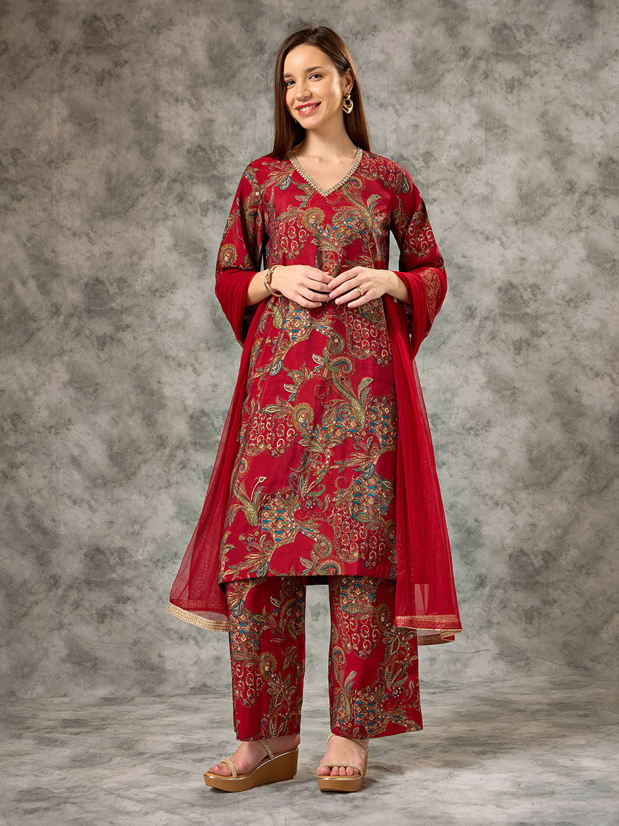 Red A-Line Printed Kurta, Pants and Mesh Dupatta Set