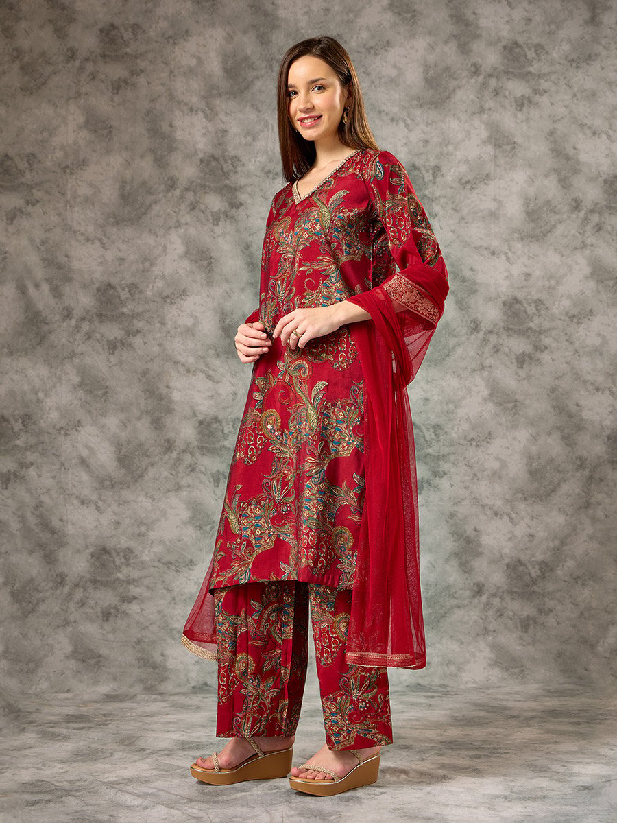 Red A-Line Printed Kurta, Pants and Mesh Dupatta Set