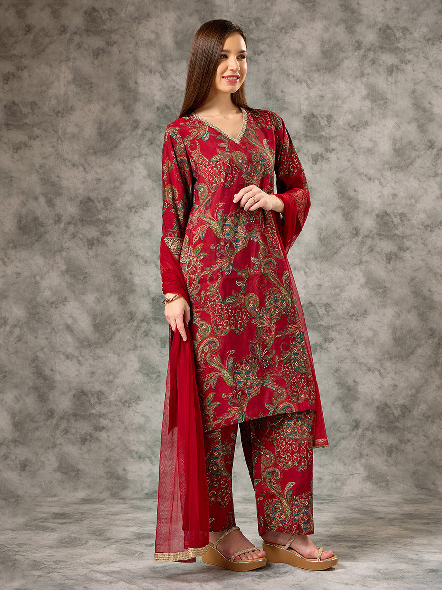 Red A-Line Printed Kurta, Pants and Mesh Dupatta Set