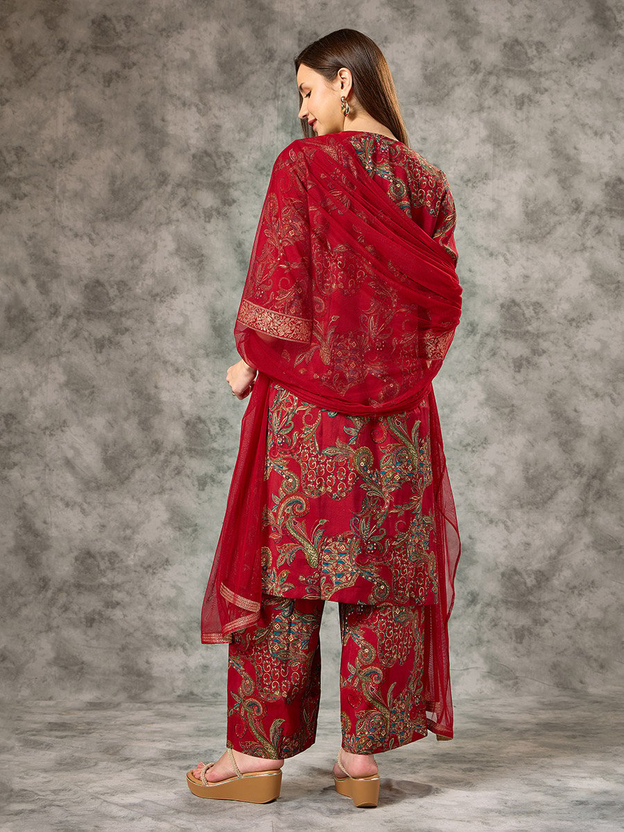 Red A-Line Printed Kurta, Pants and Mesh Dupatta Set