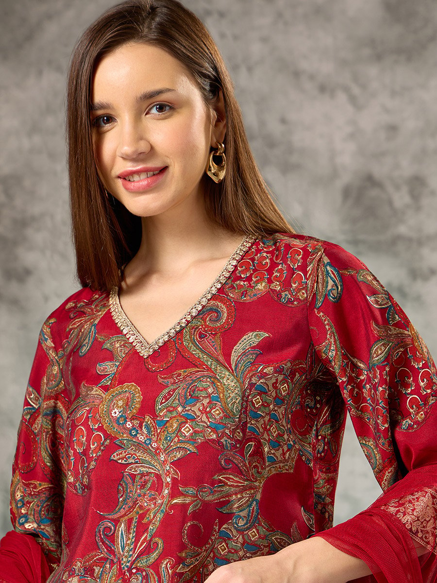 Red A-Line Printed Kurta, Pants and Mesh Dupatta Set