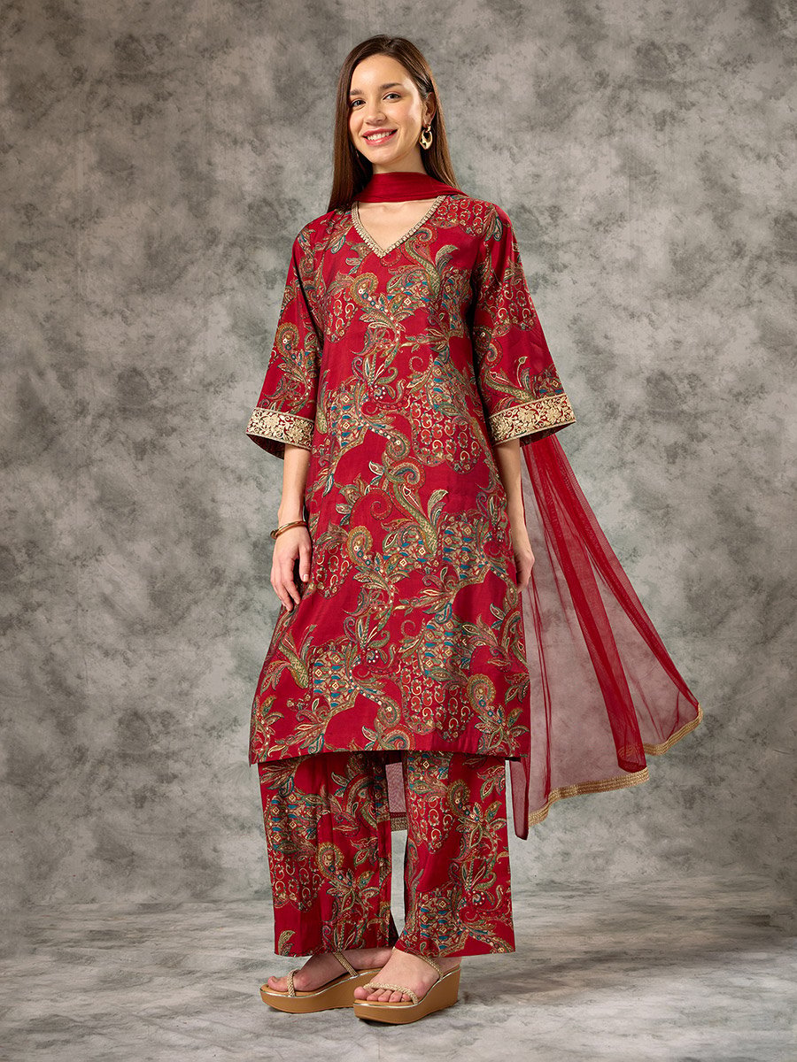 Red A-Line Printed Kurta, Pants and Mesh Dupatta Set