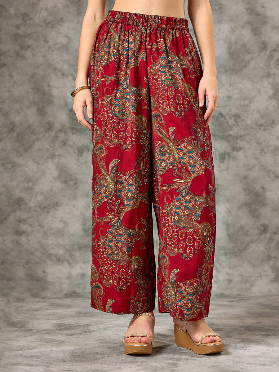 Red A-Line Printed Kurta, Pants and Mesh Dupatta Set