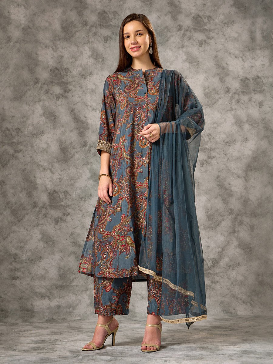 Blue Button-Down Printed Kurta, Pants and Dupatta Set