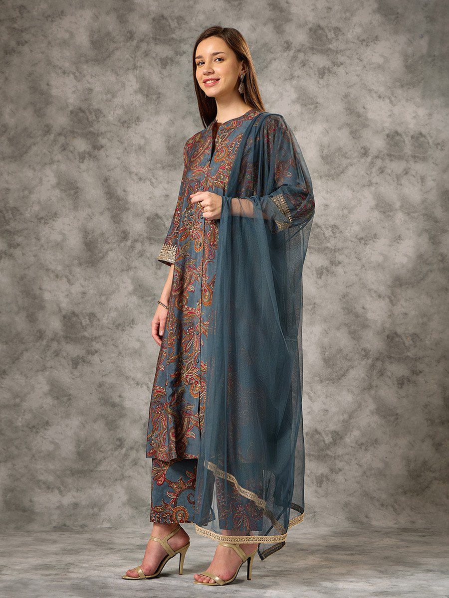 Blue Button-Down Printed Kurta, Pants and Dupatta Set
