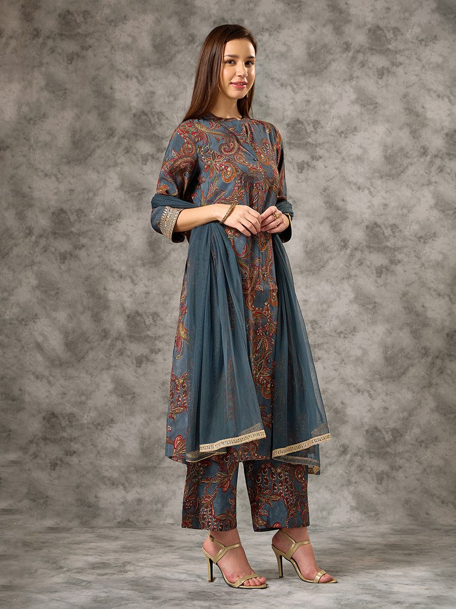 Blue Button-Down Printed Kurta, Pants and Dupatta Set