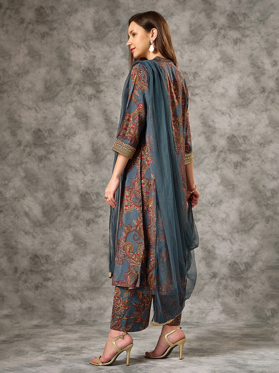 Blue Button-Down Printed Kurta, Pants and Dupatta Set