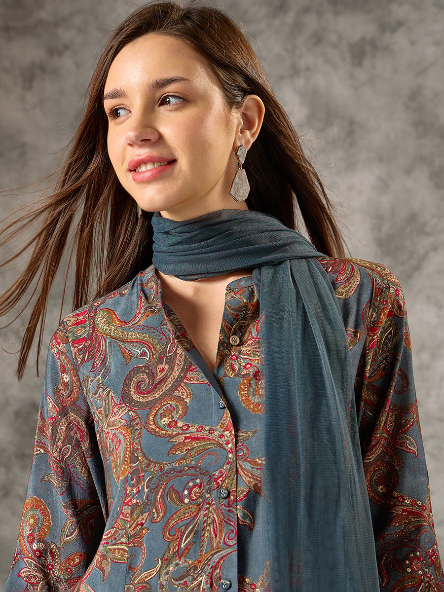 Blue Button-Down Printed Kurta, Pants and Dupatta Set