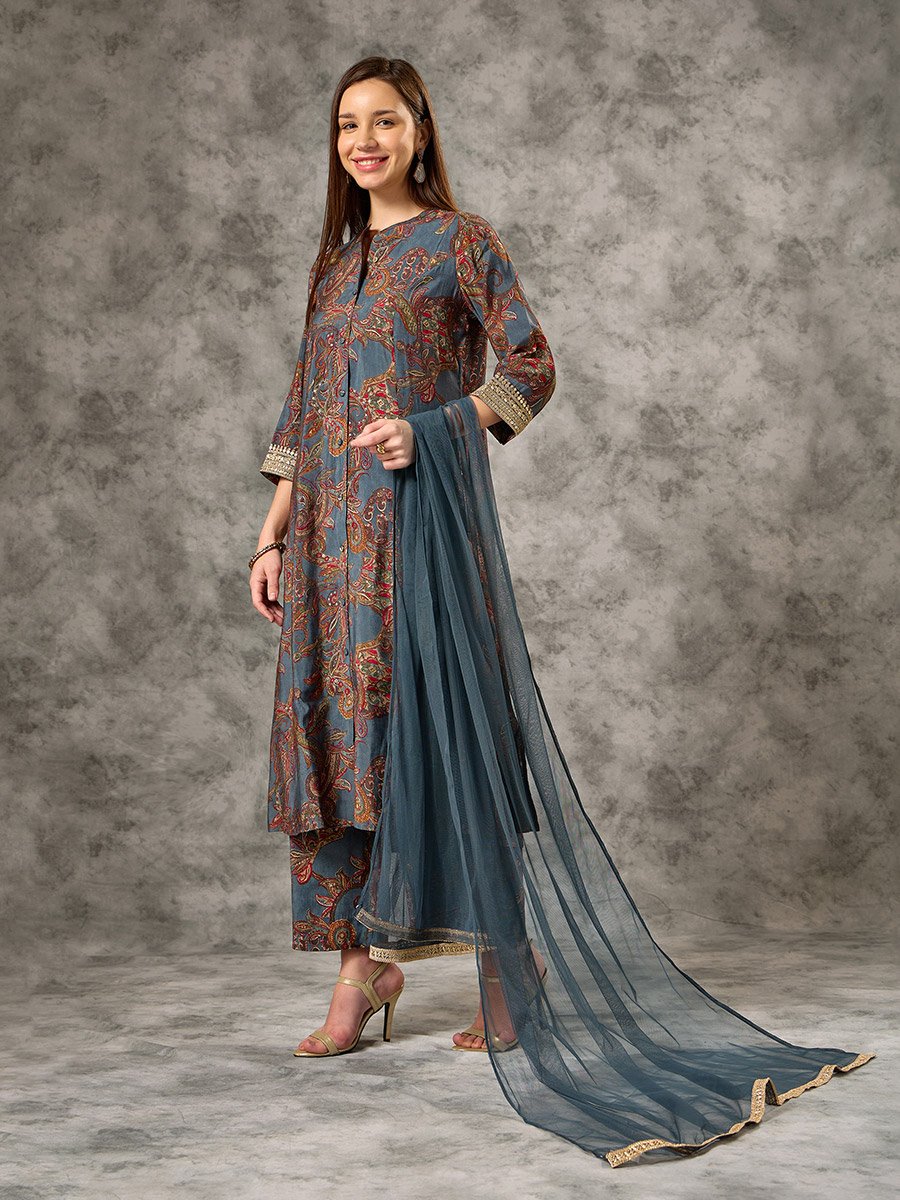 Blue Button-Down Printed Kurta, Pants and Dupatta Set