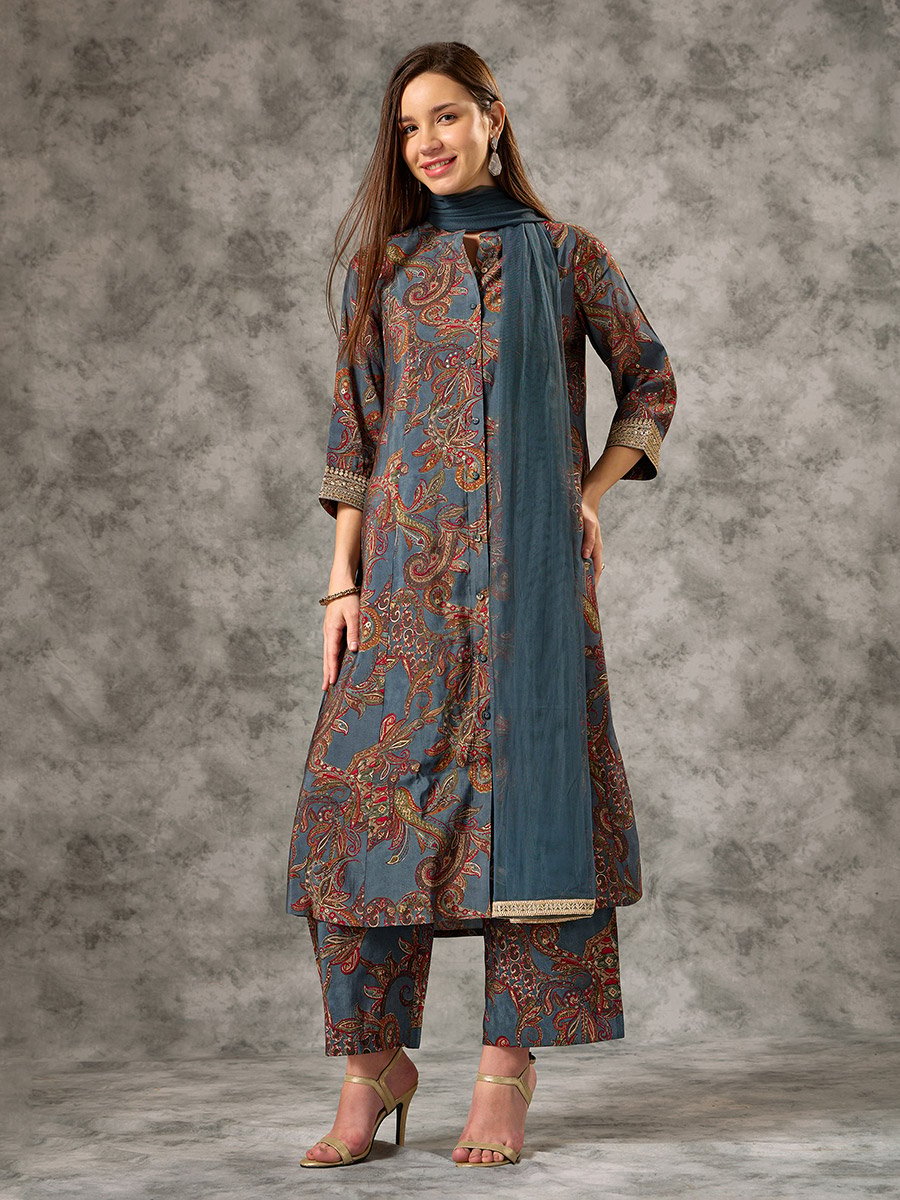 Blue Button-Down Printed Kurta, Pants and Dupatta Set