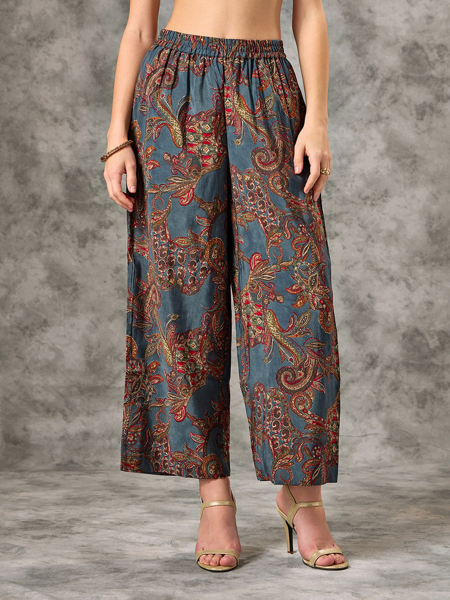 Blue Button-Down Printed Kurta, Pants and Dupatta Set