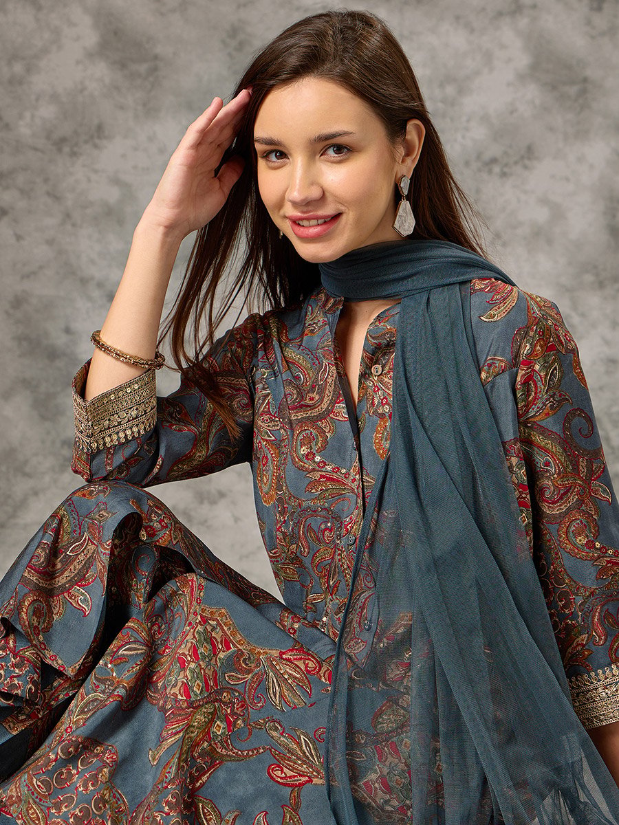 Blue Button-Down Printed Kurta, Pants and Dupatta Set