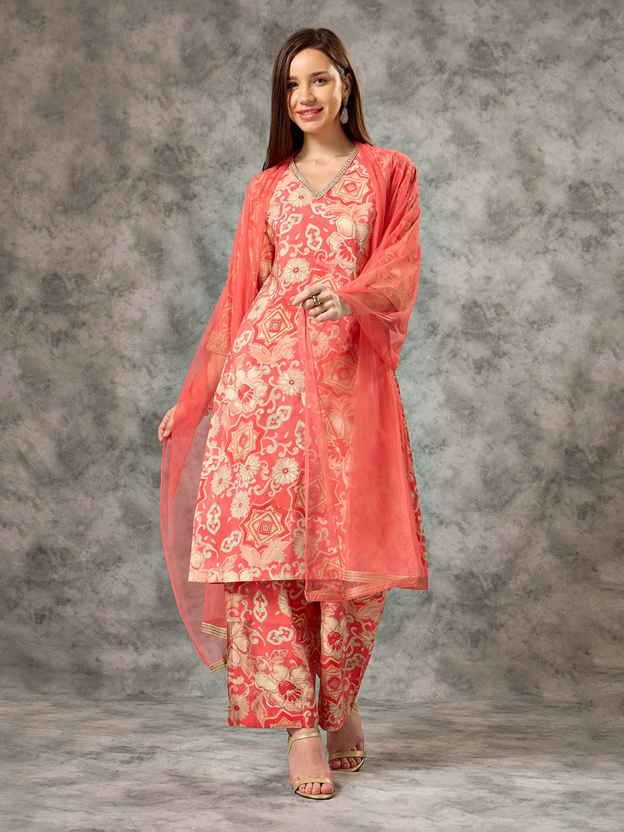 Orange A-Line Printed Kurta, Pants and Mesh Dupatta Set