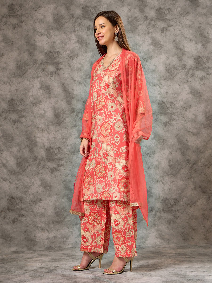 Orange A-Line Printed Kurta, Pants and Mesh Dupatta Set