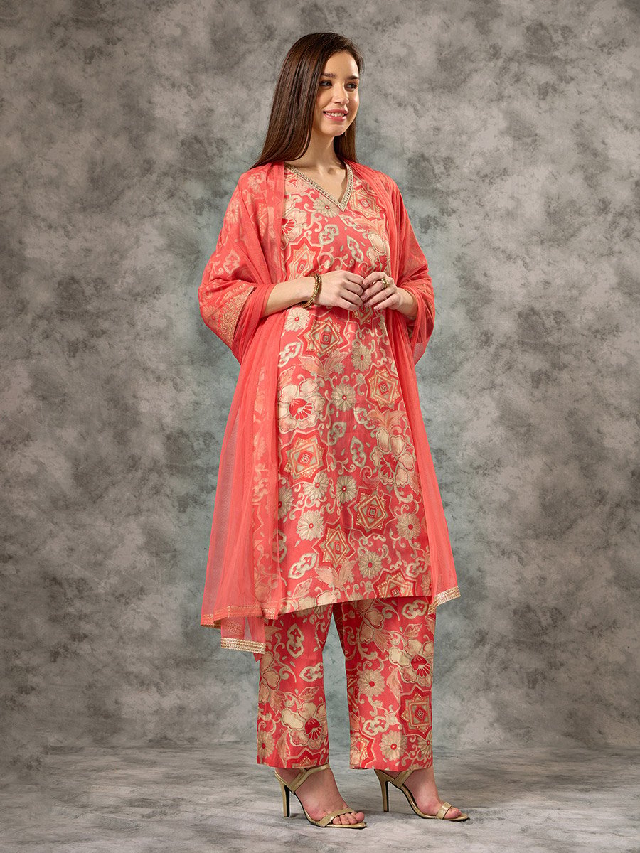 Orange A-Line Printed Kurta, Pants and Mesh Dupatta Set