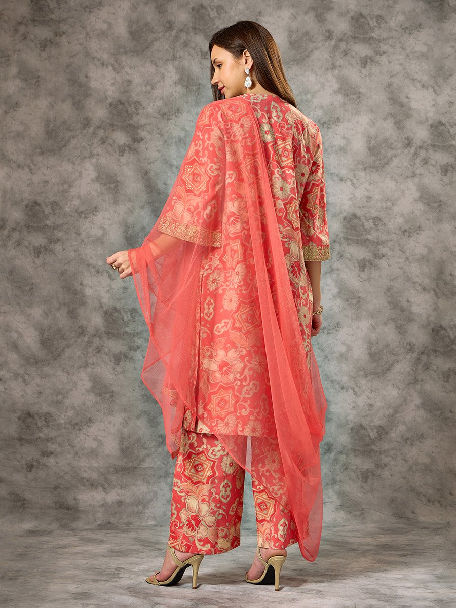 Orange A-Line Printed Kurta, Pants and Mesh Dupatta Set