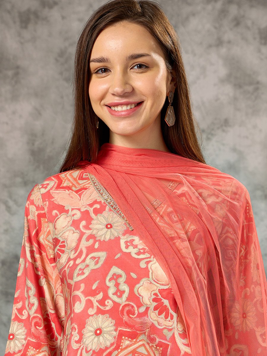 Orange A-Line Printed Kurta, Pants and Mesh Dupatta Set