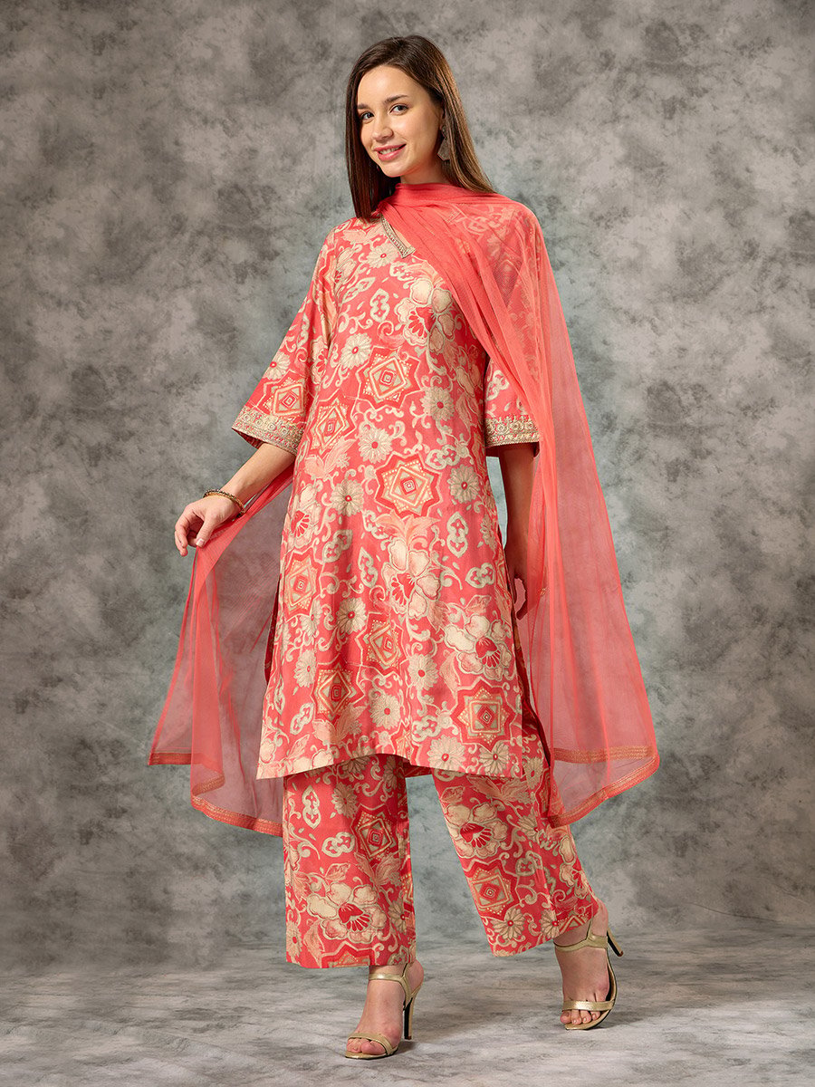 Orange A-Line Printed Kurta, Pants and Mesh Dupatta Set