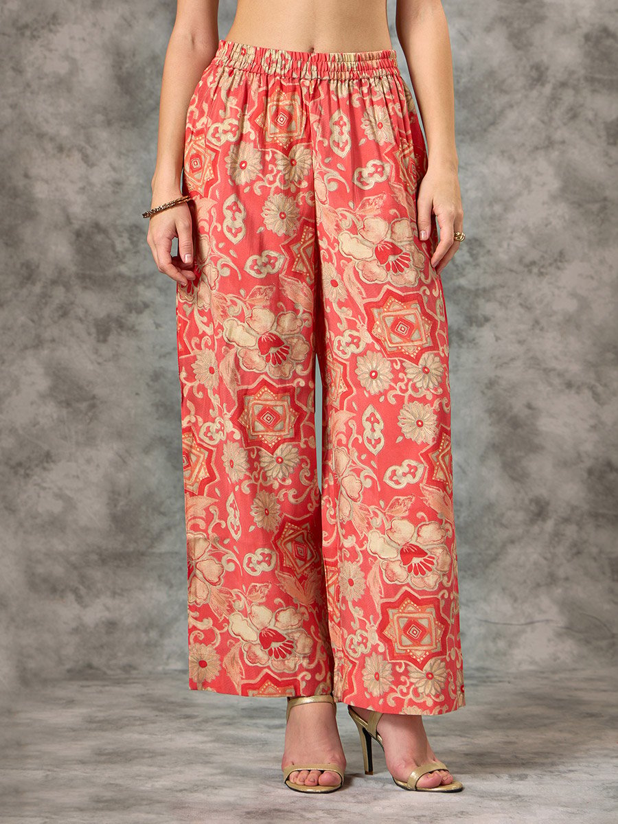 Orange A-Line Printed Kurta, Pants and Mesh Dupatta Set