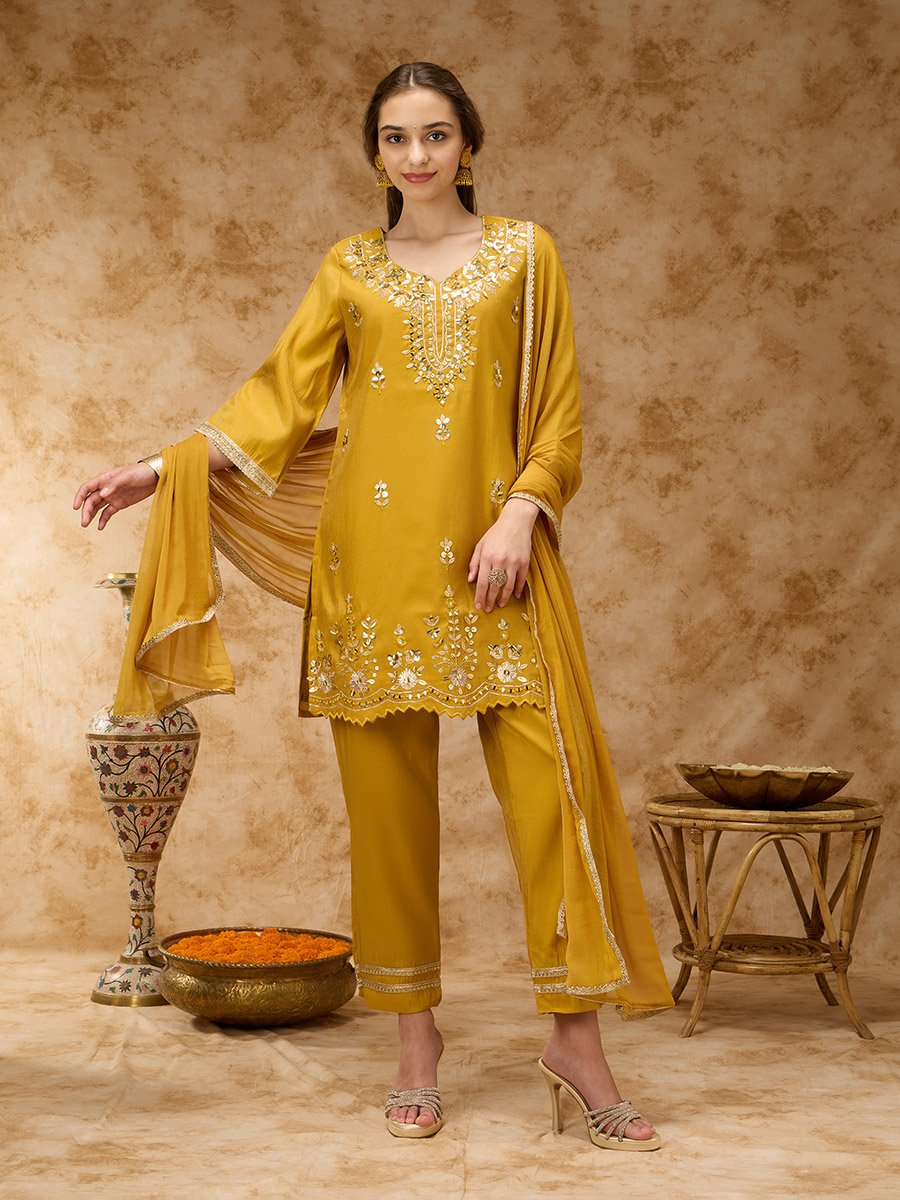 Yellow Zari Embroidered Kurta, Pants and Dupatta Set