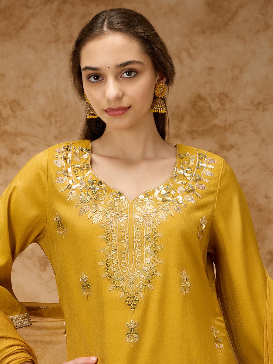 Yellow Zari Embroidered Kurta, Pants and Dupatta Set