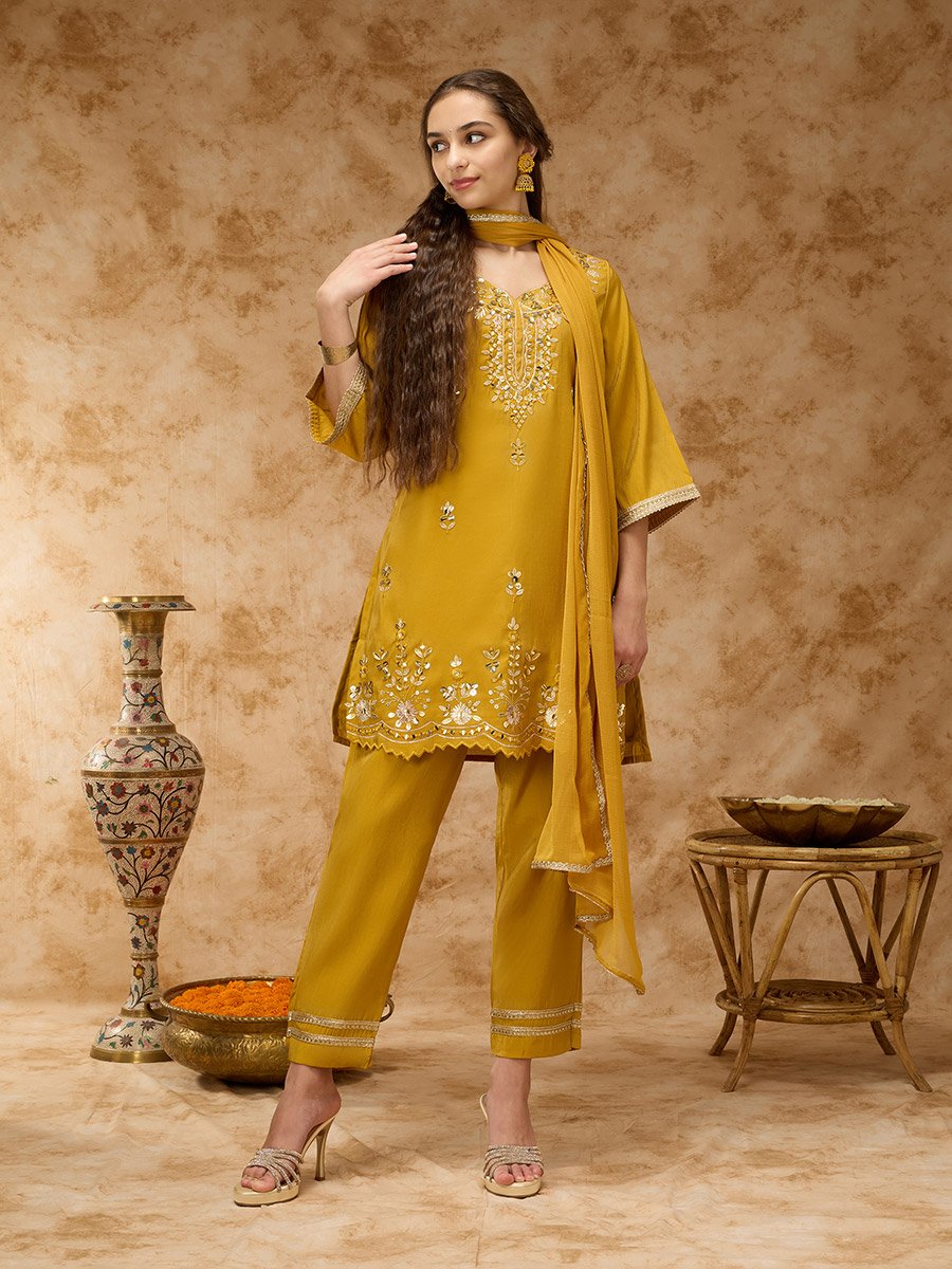 Yellow Zari Embroidered Kurta, Pants and Dupatta Set